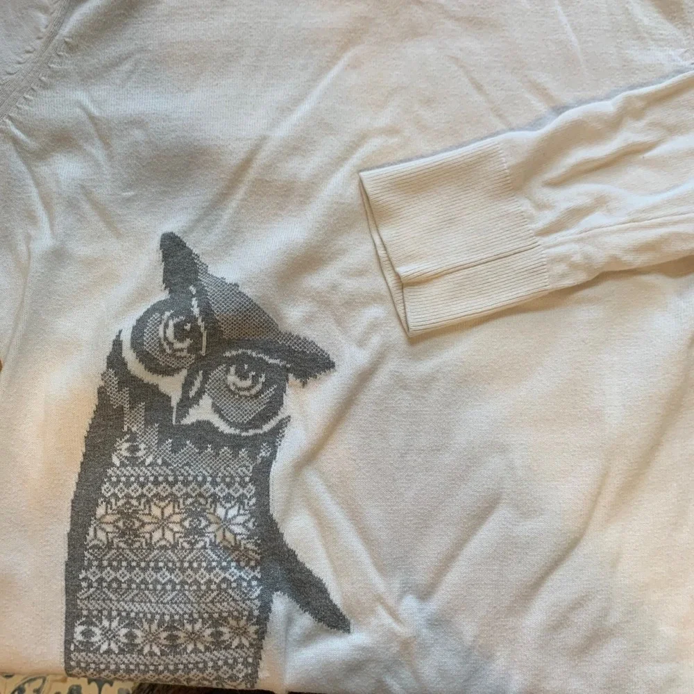 Bass Owl Graphic Sweater Size Medium White Cotton Fair Isle Intarsia Crew Neck
